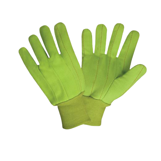 High Visibility, Lime Green, 18-ounce, Double Palm Gloves, 100% Cotton Corded Canvas Fabric, Clute Pattern, Lime Green Knit Wrist #2850CD