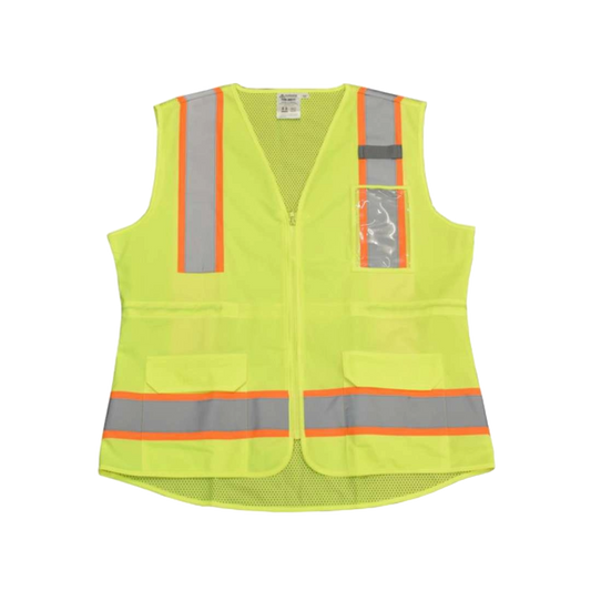 COR-BRITE®, TYPE R, CLASS II, LADIES LIME MESH  SURVEYORS VEST, TAPERED DESIGN, ZIPPER  CLOSURE, DRAWSTRING BACK, TWO OUTSIDE LOWER  POCKETS, #VW273P